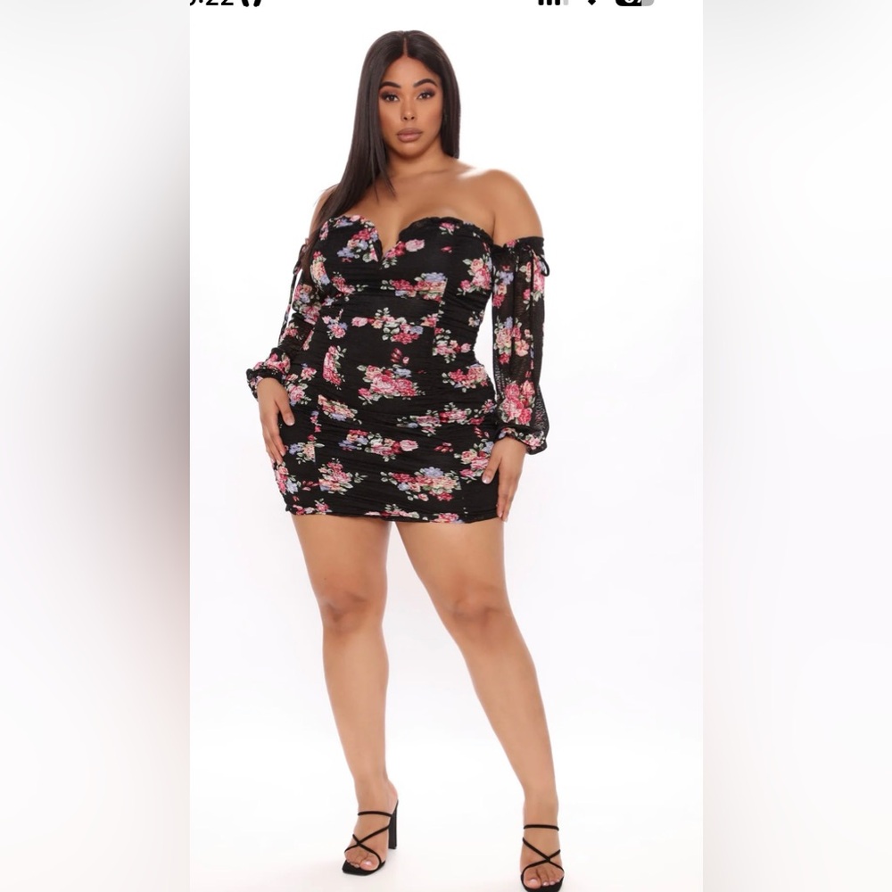 Fashion Nova Black Strapless Ruched Floral Mini Dress